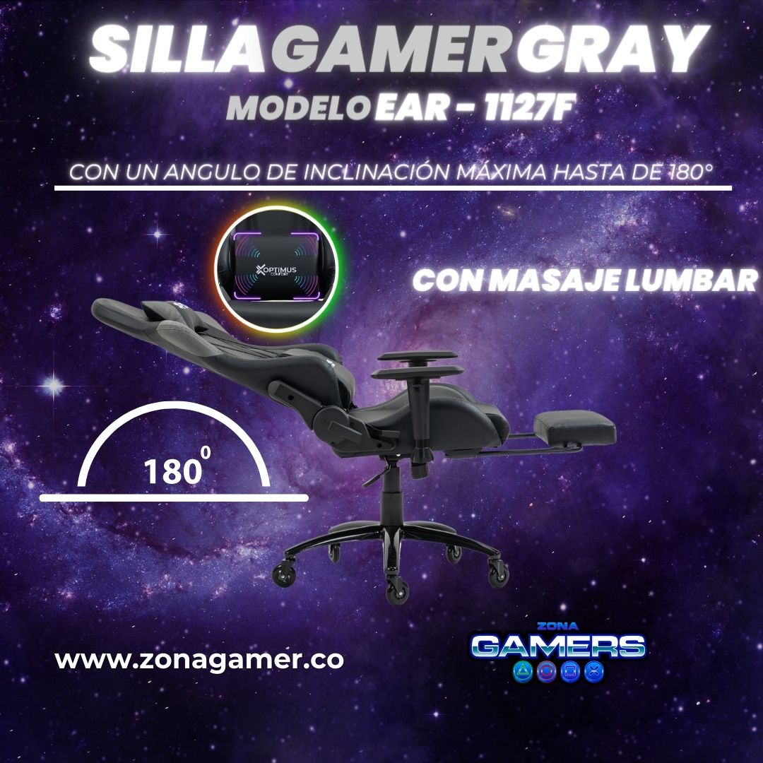 Silla Gamer EAR-1127F + masajeador lumbar con reposapiés incluido y ruedas en silicona