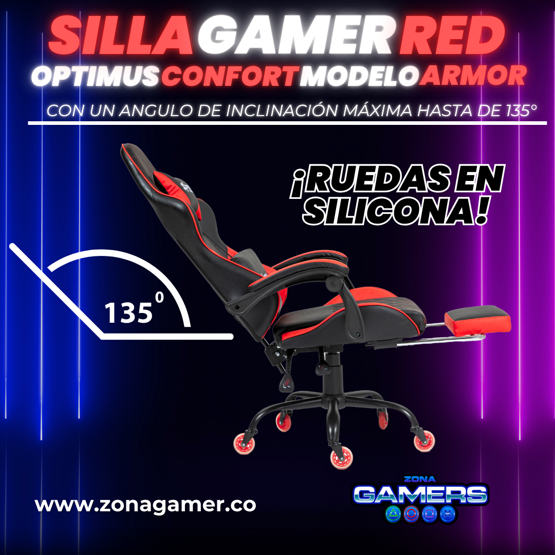 Silla Gamer ARMOR-1127F Red con reposapiés y ruedas en silicona