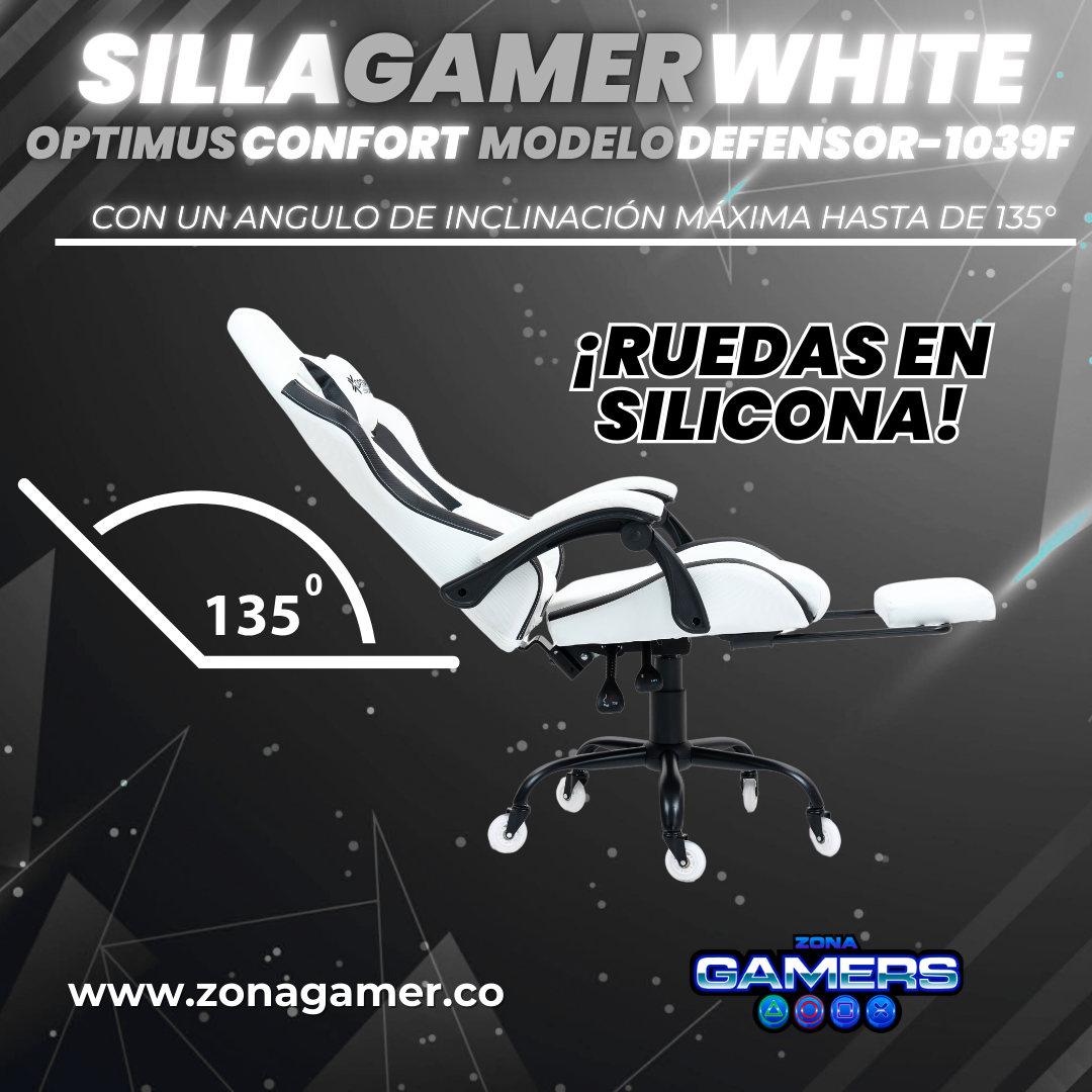 Silla Gamer Defensor-1039F White con reposapiés y ruedas en silicona