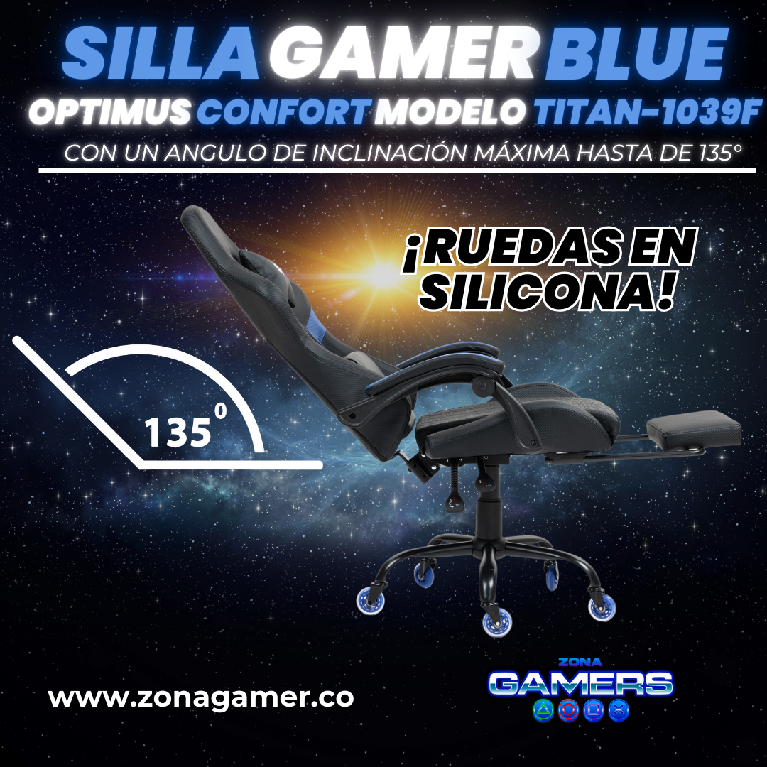 Silla Gamer Titan-1039F Blue con reposapiés y ruedas en silicona