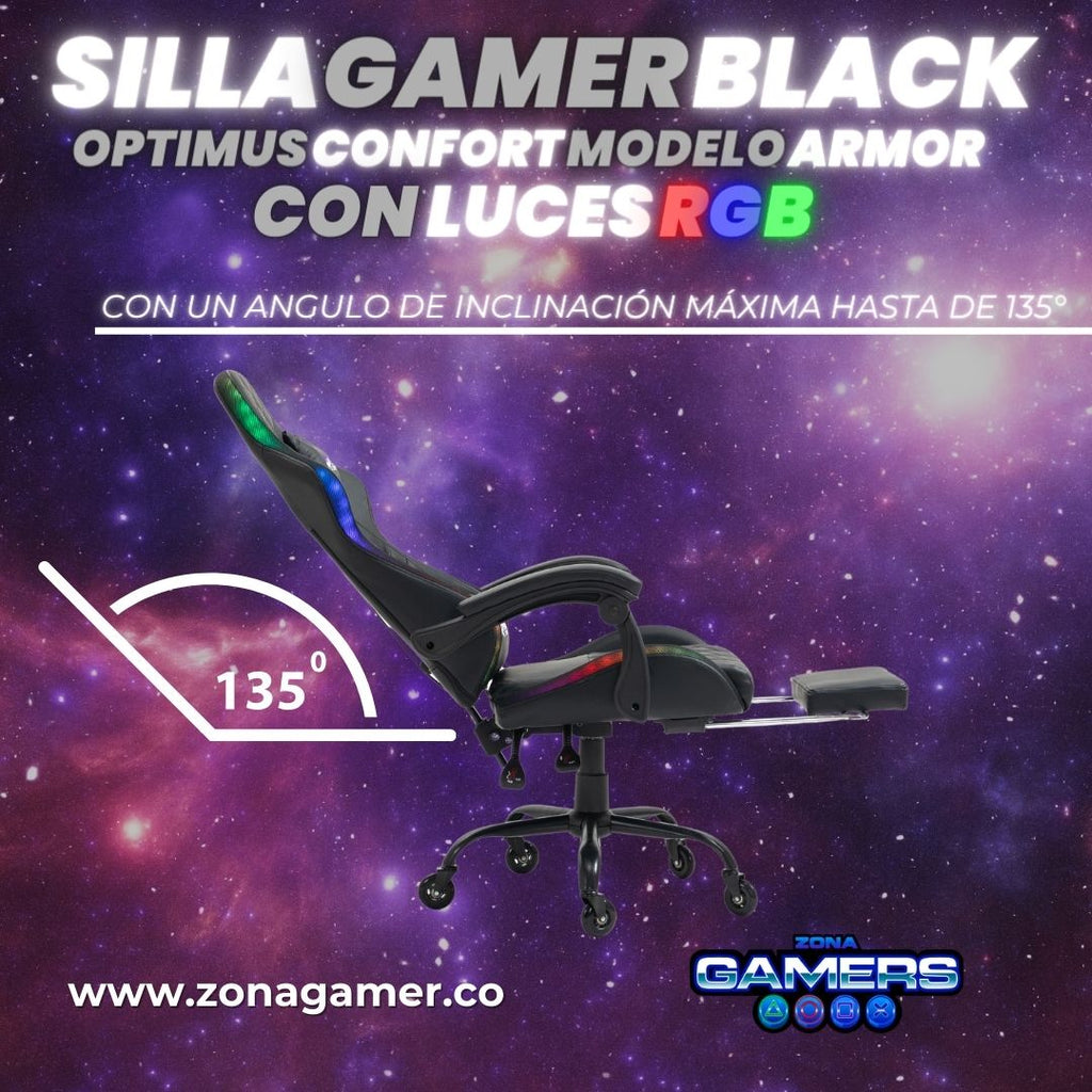 Silla gamer Armor Black con luces RGB + reposapiés y ruedas en silicona