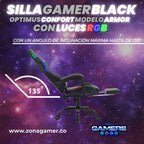 Silla gamer Armor Black con luces RGB + reposapiés y ruedas en silicona