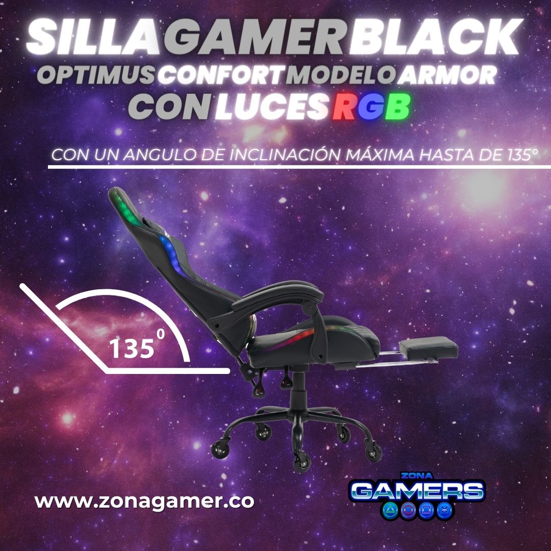 Silla gamer Armor Black con luces RGB + reposapiés y ruedas en silicona