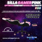 Silla gamer ULTIMATE Pink con luces RGB + reposapiés y ruedas en silicona