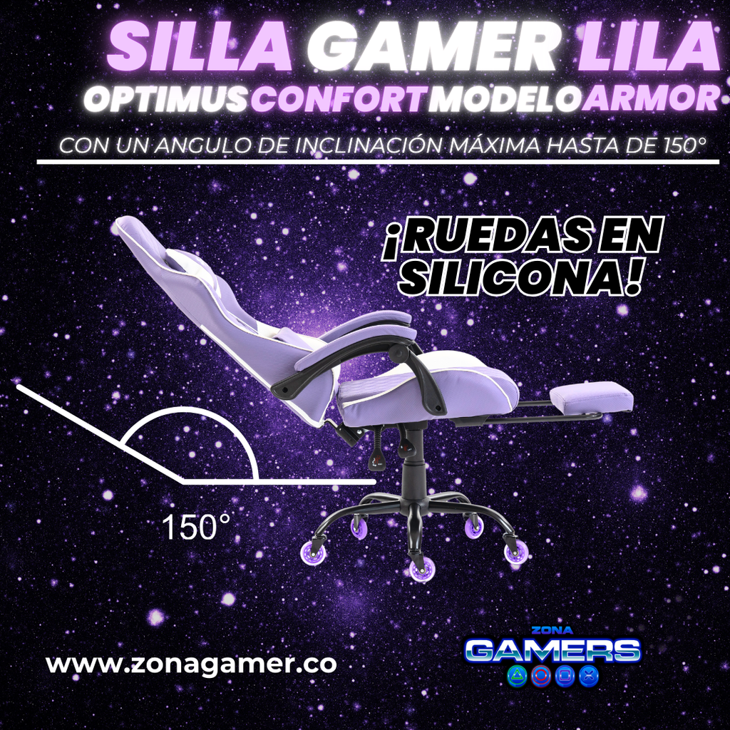 Silla Gamer ARMOR-1039F Lilac con reposapiés y ruedas en silicona