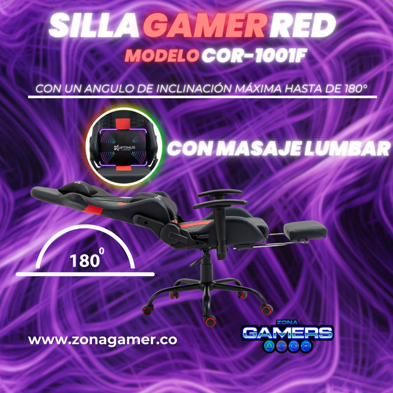 Silla Gamer COR-1001F Red con masajeador lumbar y reposapiés incluido