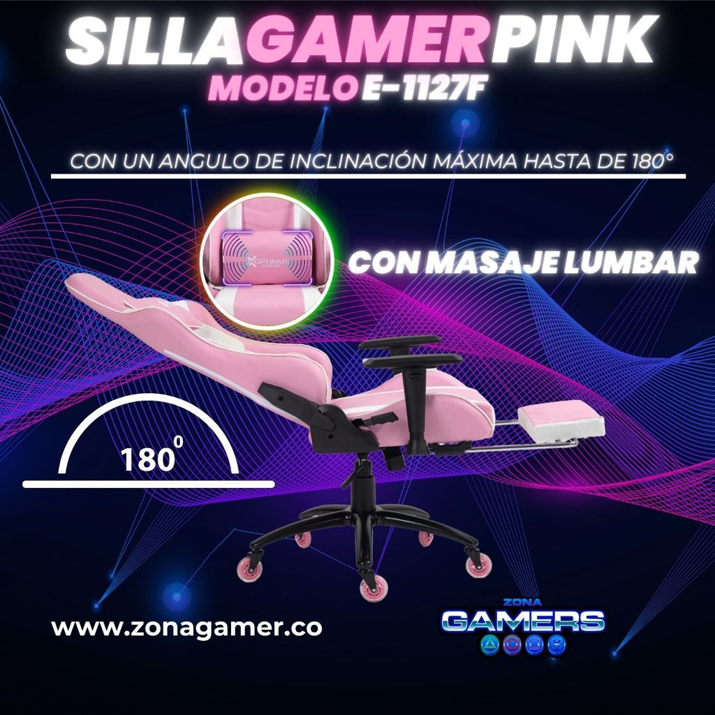 Silla Gamer E-1127F Pink + masajeador lumbar con reposapiés incluido y ruedas en silicona