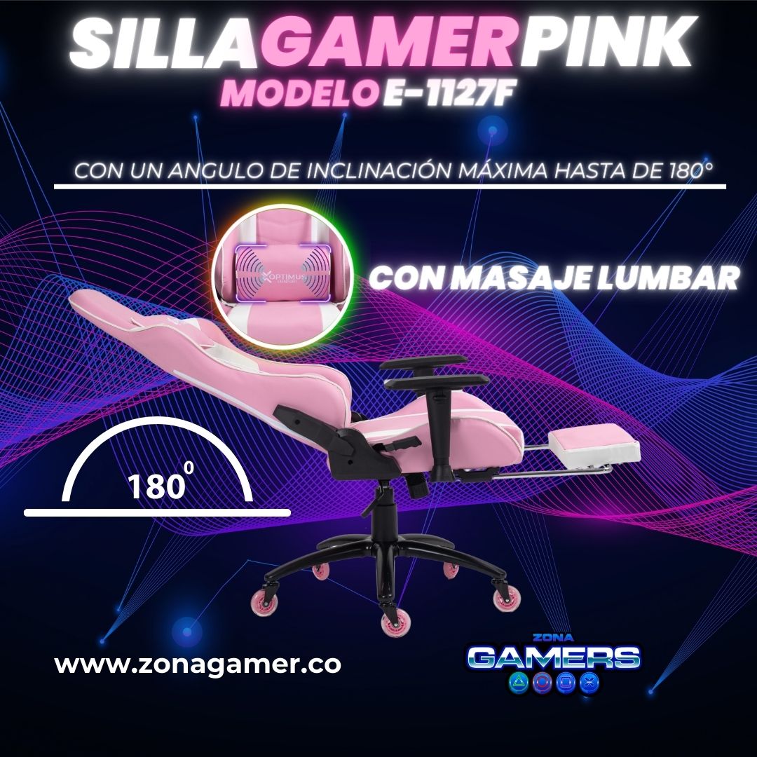Silla Gamer E-1127F Pink + masajeador lumbar con reposapiés incluido y ruedas en silicona