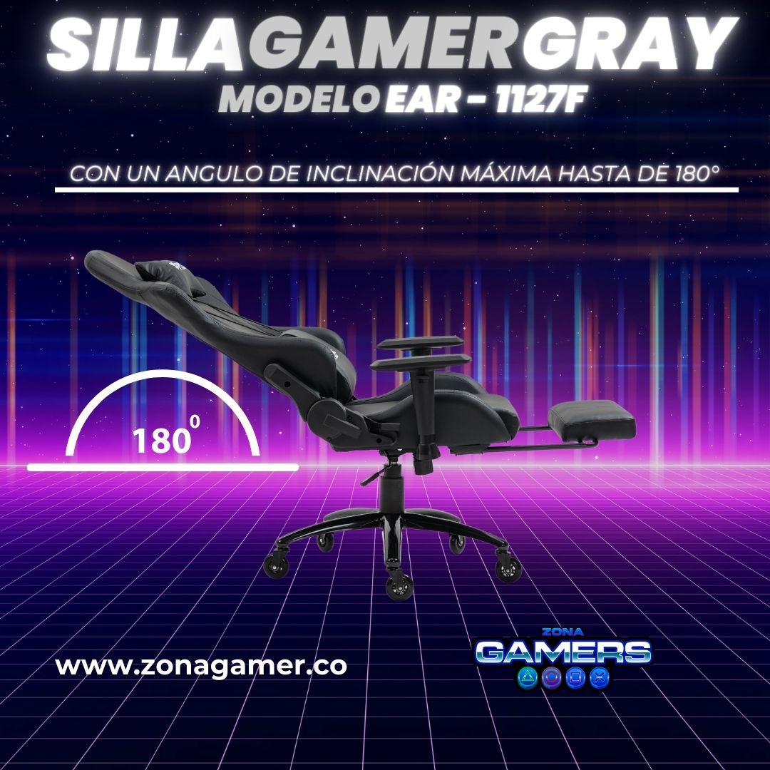 Silla gamer EAR-1127F Gray  + reposapies y ruedas en silicona