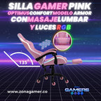 Silla Gamer Armor RGB Pink + masajeador lumbar con reposapiés incluido y ruedas en silicona