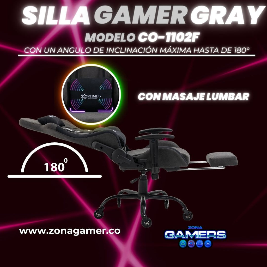 Silla Gamer Gray + masajeador lumbar, tapizada en tela con reposapiés y ruedas en silicona
