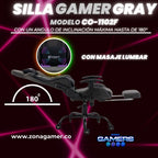 Silla Gamer Gray + masajeador lumbar, tapizada en tela con reposapiés y ruedas en silicona