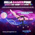 Silla gamer DX-1039F Pink con luces RGB + Parlantes + reposapiés y ruedas en silicona
