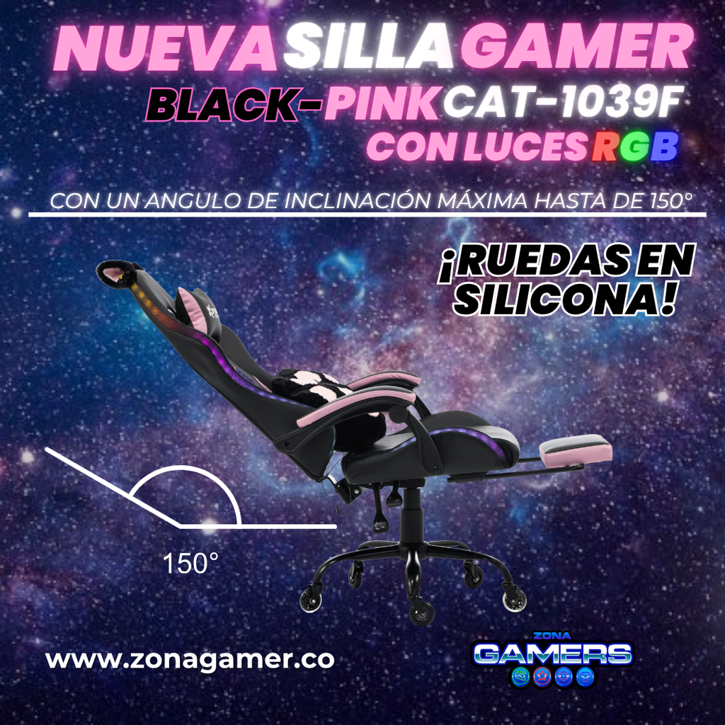 Silla Gamer Cat-1039F + RGB Black-Pink con reposapiés y ruedas en silicona.