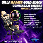 Silla Gamer A231001F Gold Black con masajeador lumbar y reposapies incluido