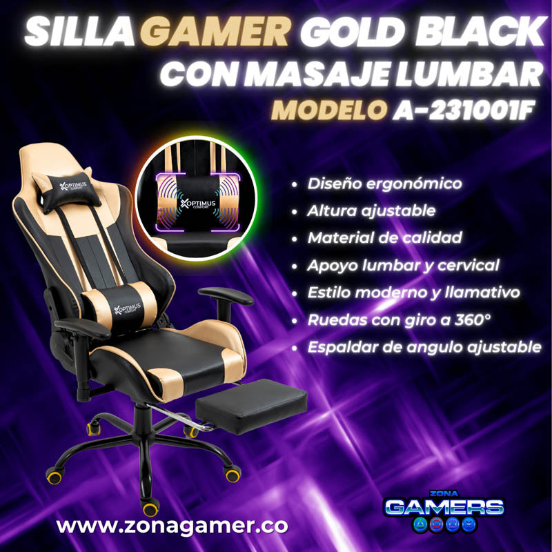 Silla Gamer A231001F Gold Black con masajeador lumbar y reposapies incluido