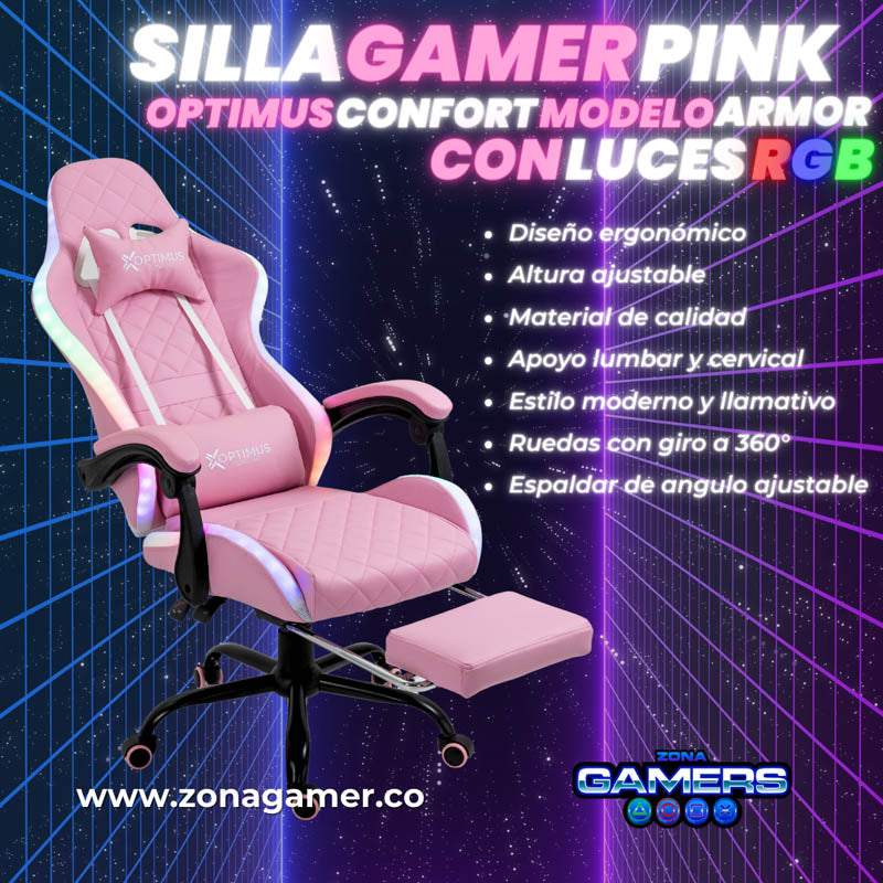 Silla gamer Optimus Confort modelo Armor Pink con luces RGB