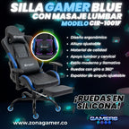 Silla Gamer CIR-1001F Blue + masajeador lumbar con reposapiés y ruedas en silicona