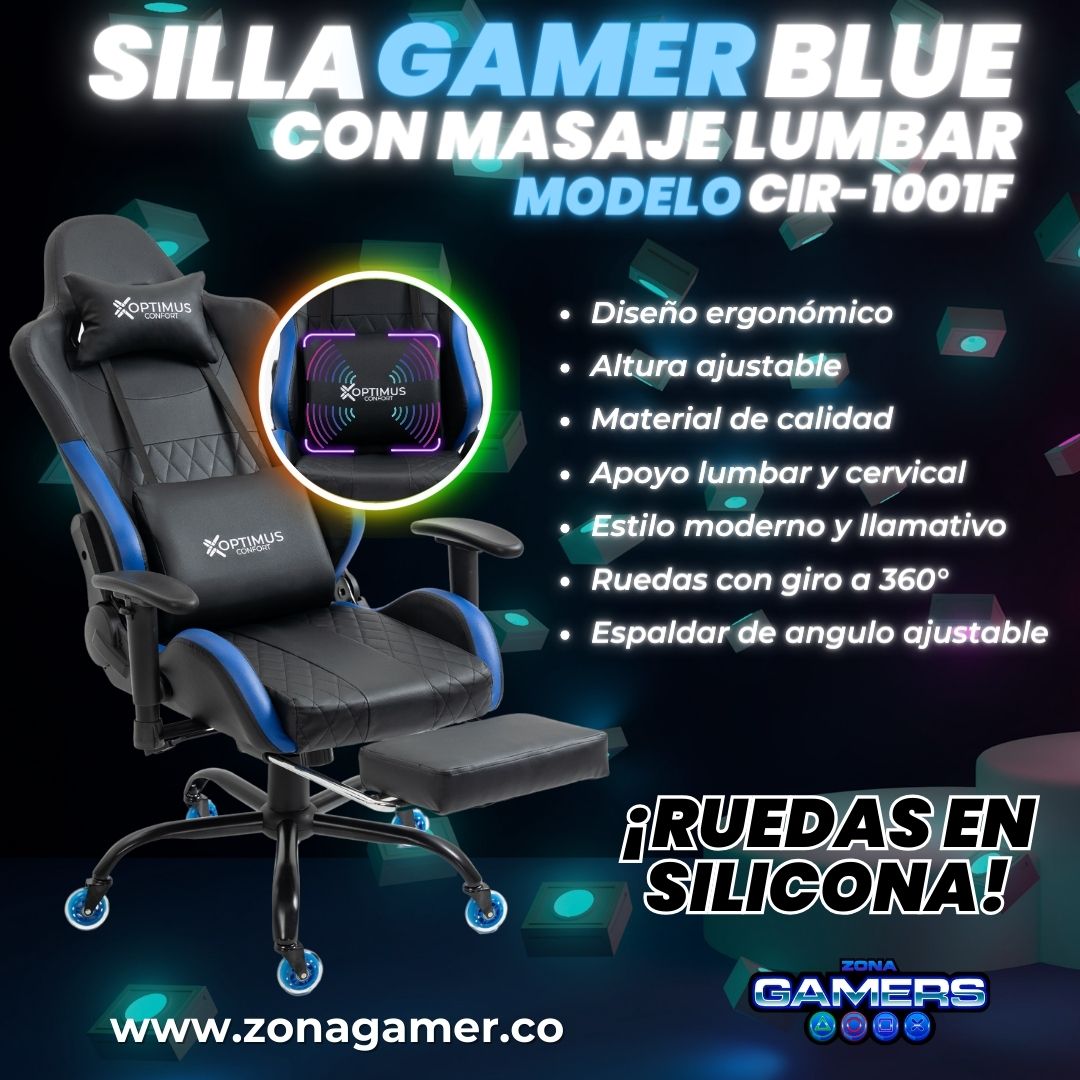 Silla Gamer CIR-1001F Blue + masajeador lumbar con reposapiés y ruedas en silicona
