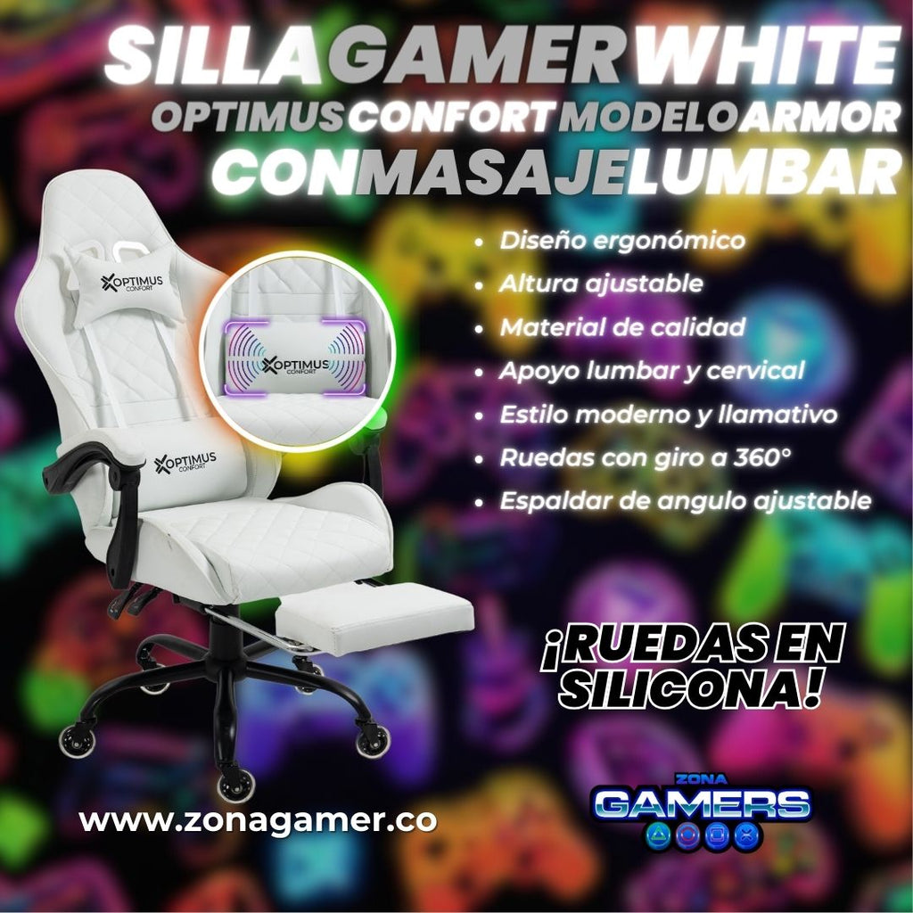 Silla Gamer ARMOR-1039F White + masajeador lumbar con reposapiés y ruedas en silicona