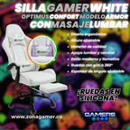 Silla Gamer ARMOR-1039F White + masajeador lumbar con reposapiés y ruedas en silicona