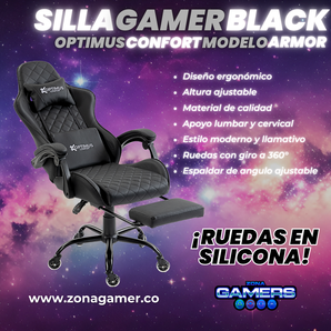 Silla Gamer ARMOR-1039F Black con reposapiés y ruedas en silicona