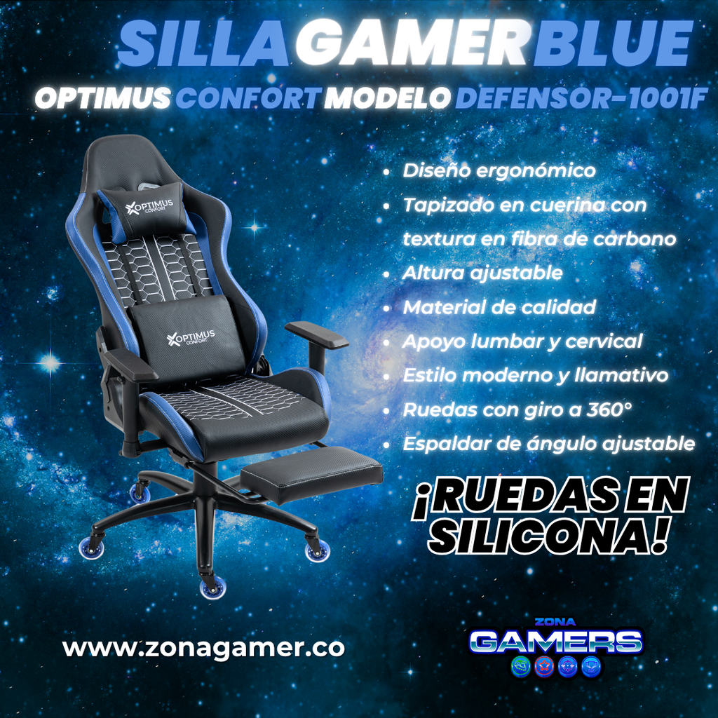 Silla Gamer Defensor-1001F Blue con reposapiés y ruedas en silicona