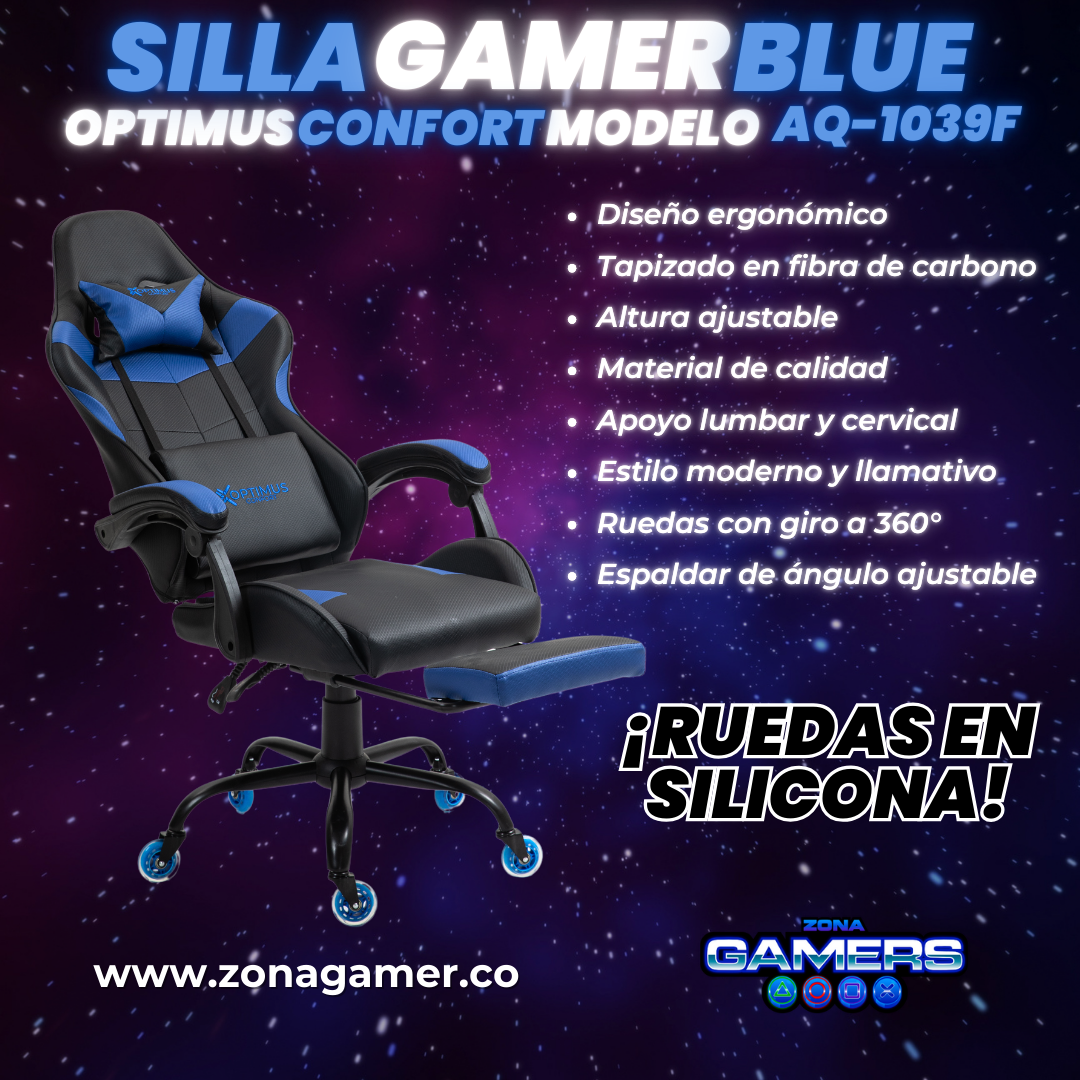 Silla Gamer AQ-1039F Blue con reposapiés y ruedas en silicona