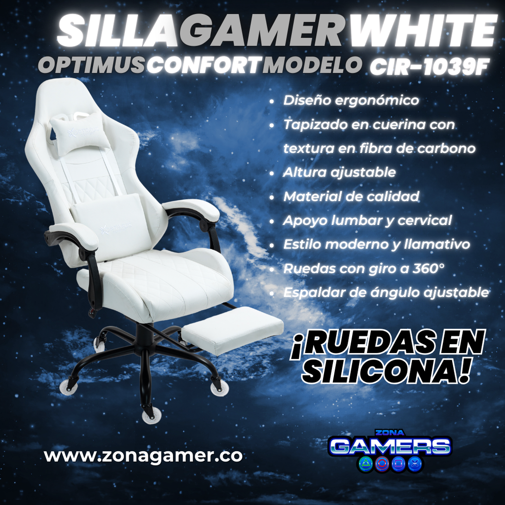 Silla Gamer CIR-1039F White con reposapiés y ruedas en silicona