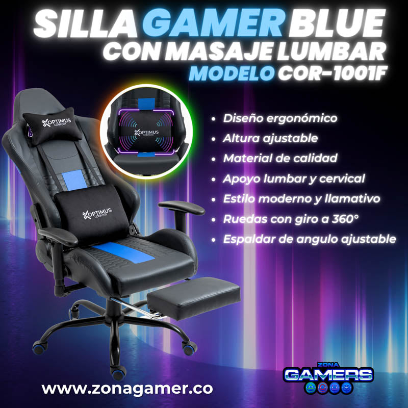 Silla Gamer COR-1001F Blue con masajeador lumbar y reposapiés incluido