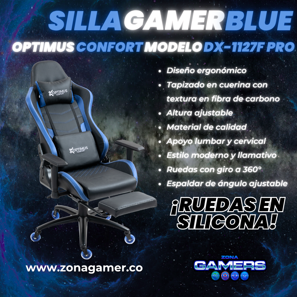 Silla Gamer DX-1127F PRO Blue con reposapiés y ruedas en silicona