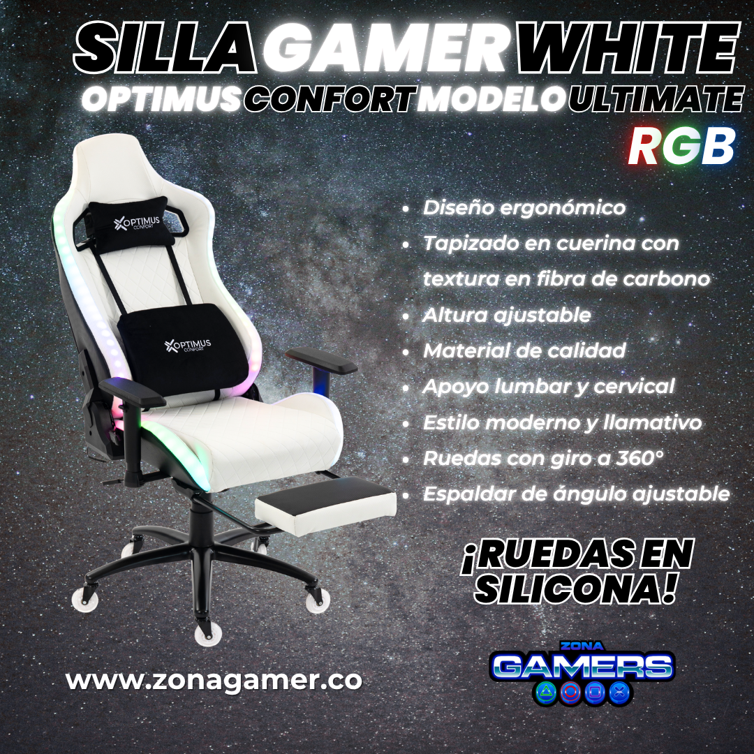Silla gamer ULTIMATE White con luces RGB + reposapiés y ruedas en silicona
