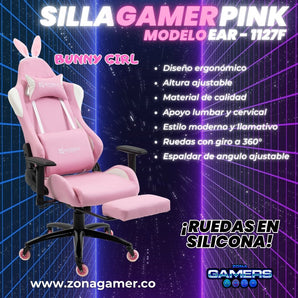 Silla gamer EAR-1127F Pink  + reposapiés y ruedas en silicona