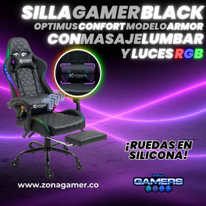 Silla Gamer Armor RGB Black + masajeador lumbar con reposapiés incluido y ruedas en silicona