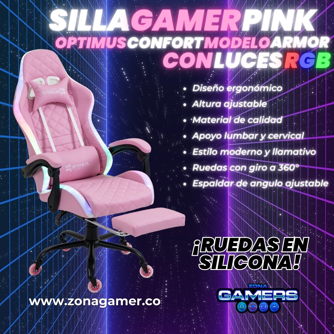 Silla gamer Armor Pink con luces RGB + reposapiés y ruedas en silicona