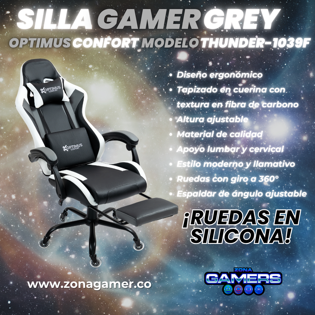 Silla Gamer Thunder-1039F Grey con reposapiés y ruedas en silicona