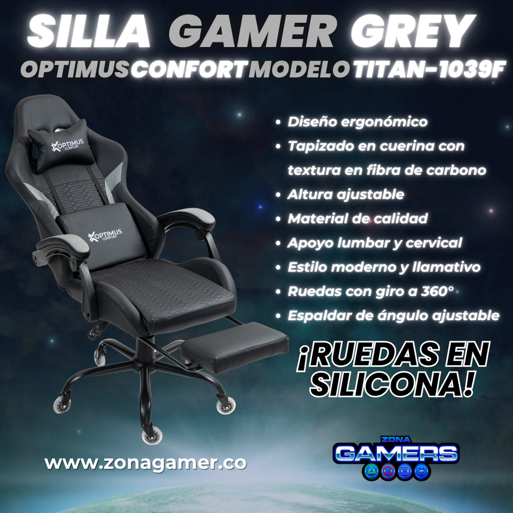 Silla Gamer Titan-1039F Grey con reposapiés y ruedas en silicona