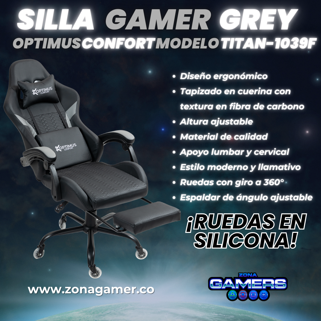 Silla Gamer Titan-1039F Grey con reposapiés y ruedas en silicona