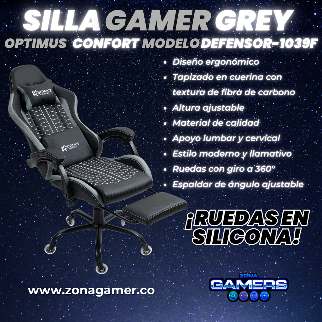 Silla Gamer Defensor-1039F Grey con reposapiés y ruedas en silicona