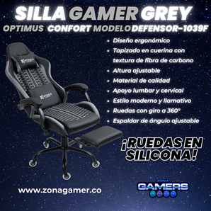 Silla Gamer Defensor-1039F Grey con reposapiés y ruedas en silicona