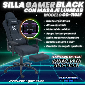 Silla Gamer Black + masajeador lumbar, tapizada en tela con reposapiés y ruedas en silicona