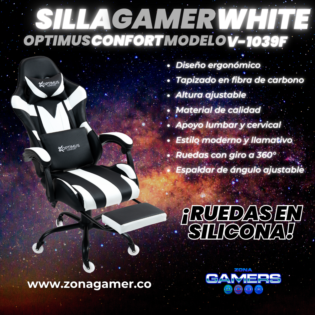 Silla Gamer V-1039F White con reposapiés y ruedas en silicona