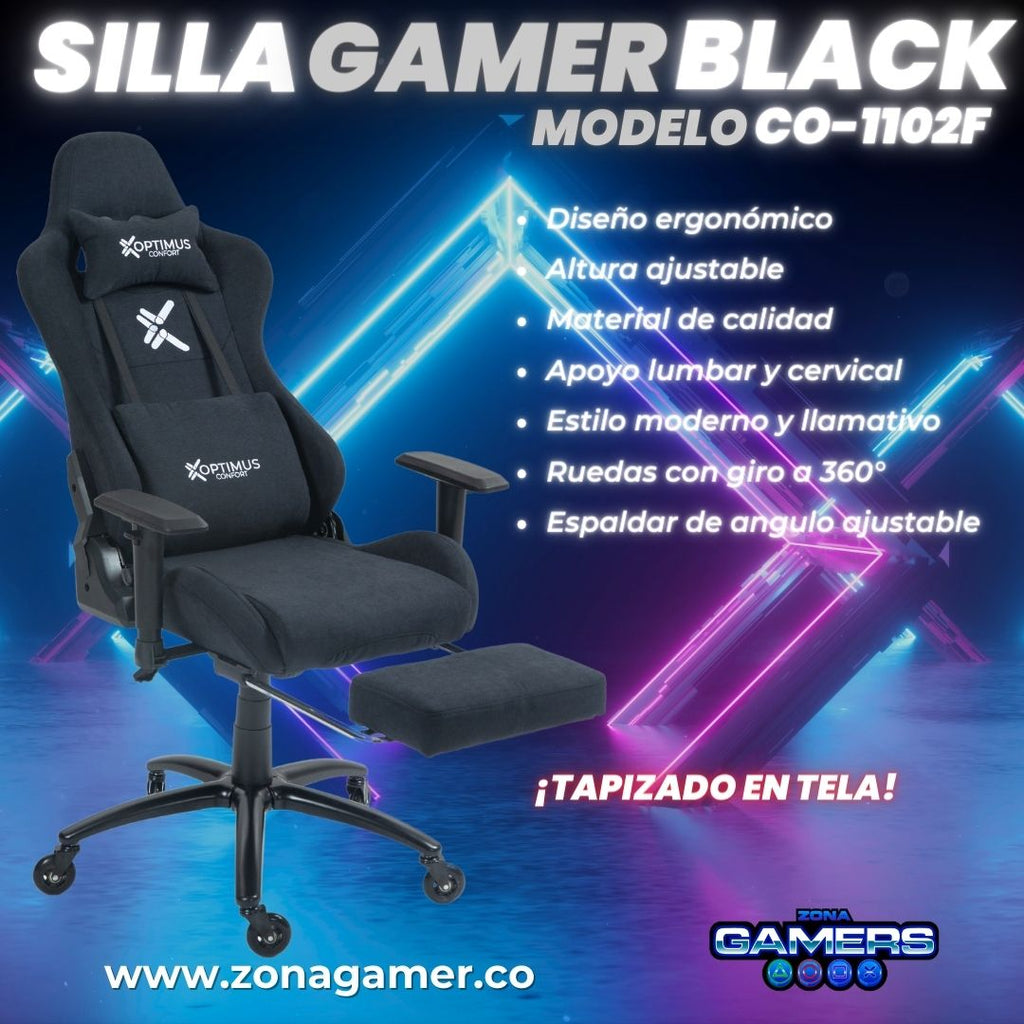 Silla Gamer CO-1102F Black, tapizada en tela con reposapiés y ruedas en silicona