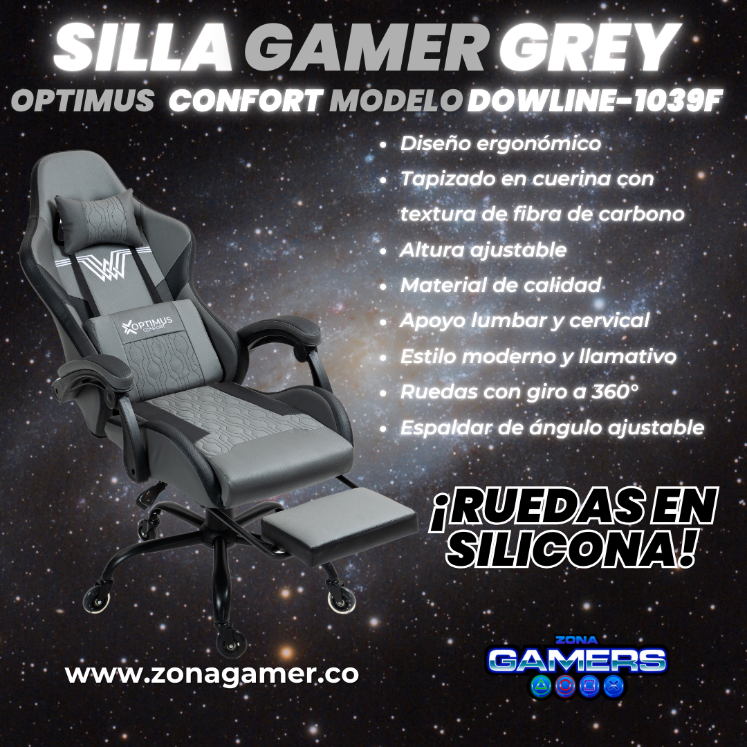 Silla Gamer DOWLINE-1039F Grey con reposapiés y ruedas en silicona