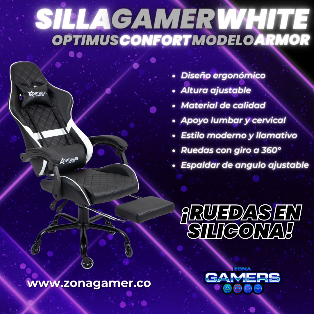Silla Gamer ARMOR-1039F White con reposapiés y ruedas en silicona