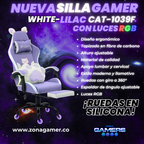 Silla Gamer Cat-1039F + RGB Lilac-White con reposapiés y ruedas en silicona.