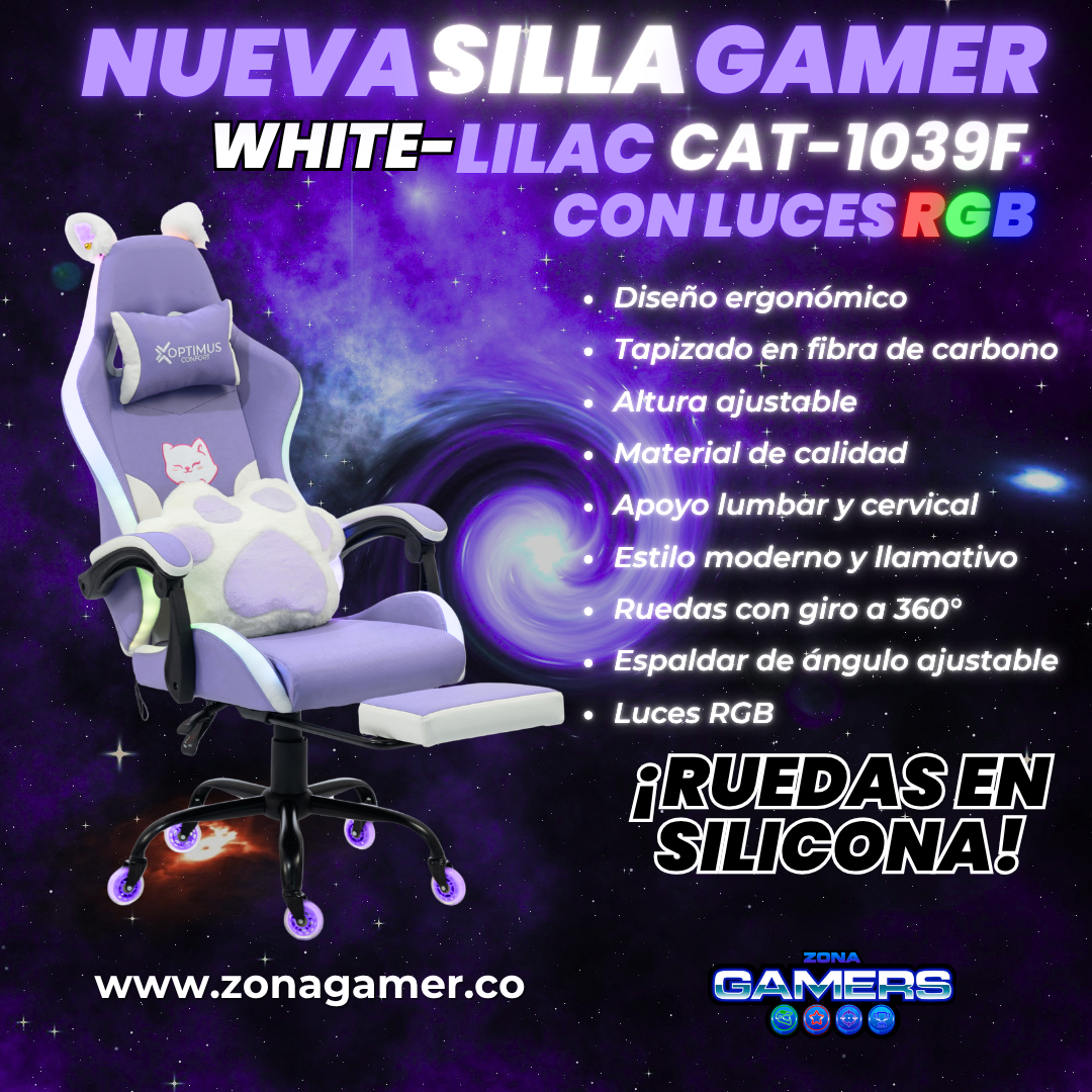 Silla Gamer Cat-1039F + RGB Lilac-White con reposapiés y ruedas en silicona.