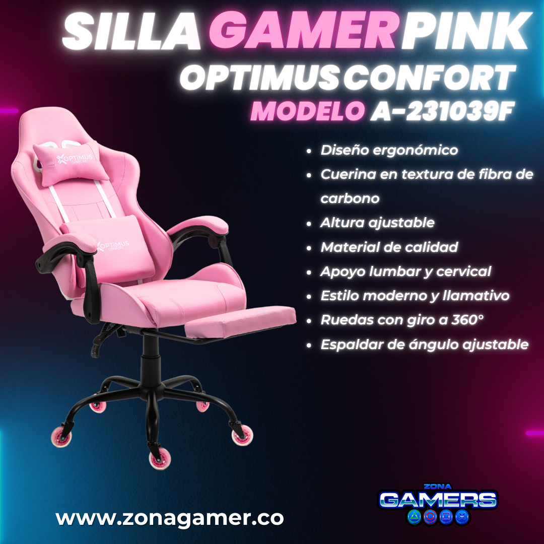 Silla Gamer A231039F Pink con reposapiés y ruedas en silicona