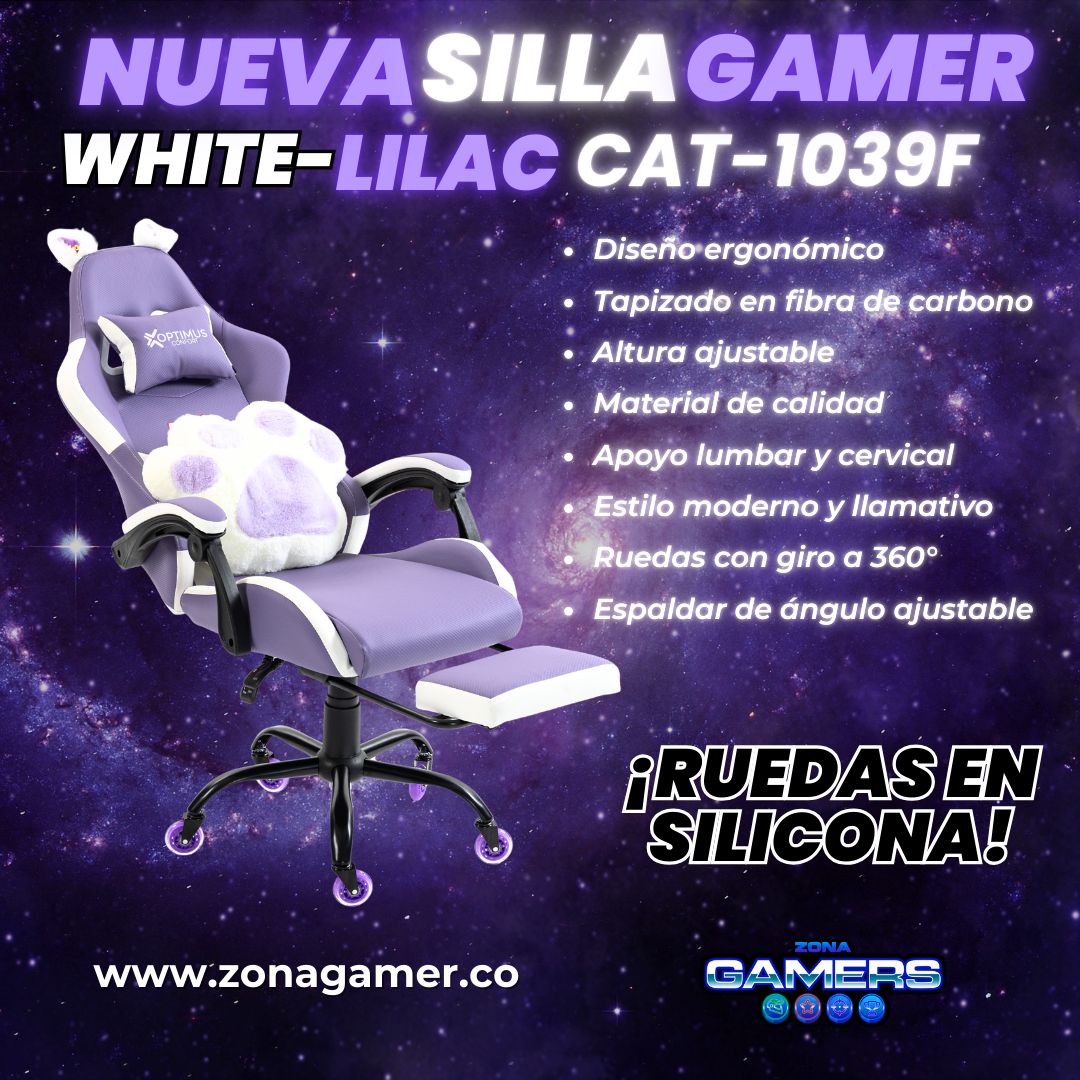 Silla Gamer Cat-1039F White-Lilac con reposapiés y ruedas en silicona.