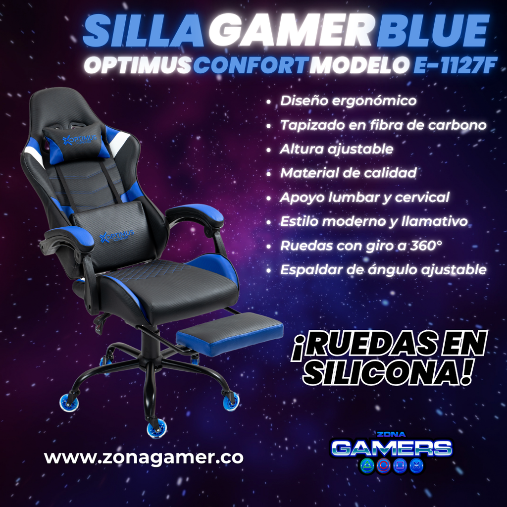 Silla Gamer E-1127F Blue con reposapiés y ruedas en silicona